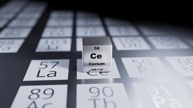 Cerium element cube on a periodic table background, 3d rendered animation.
