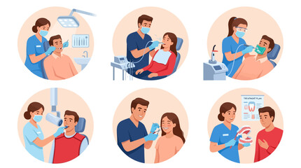 Fototapeta premium Dental clinic professional procedures set showing dentists working on patients in modern flat vector illustration style for medical healthcare services