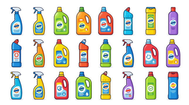 Colorful cleaning supplies bottles set featuring various household chemical detergents in a vector graphic illustration style for commercial design projects
