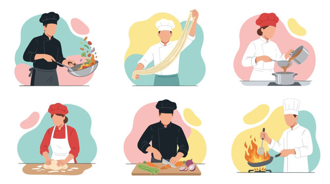 Professional chefs preparing delicious meals in this set of colorful vector illustrations showcasing various cooking tasks and culinary kitchen techniques