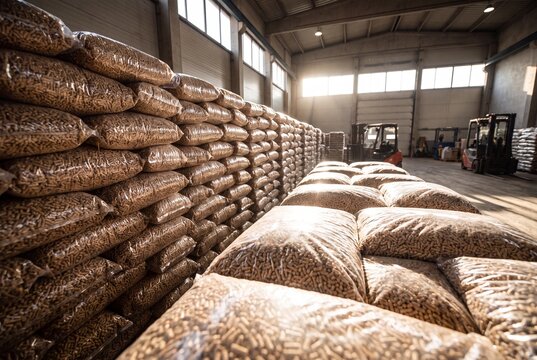 Wood Pellets in Stacked Bags for Biomass Renewable Energy Storage