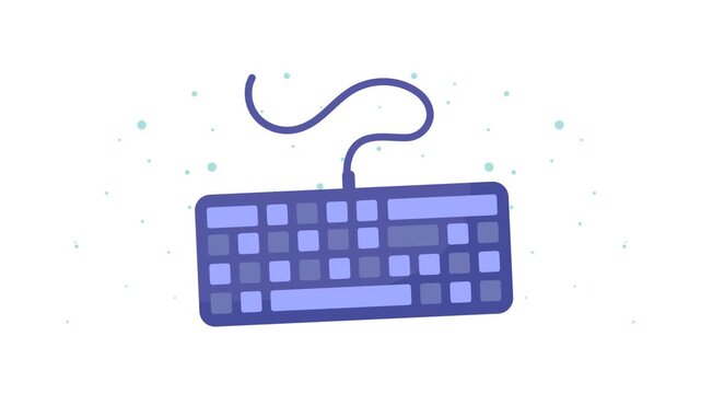 Minimalist purple computer keyboard animation featuring floating blue particles on white background for gaming and technology content.