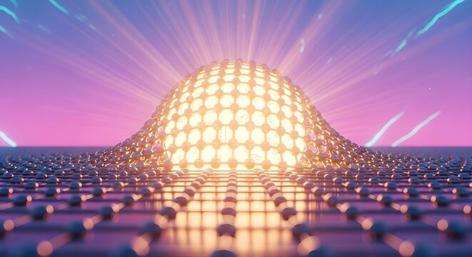 A glowing orb emerges from a grid surface. Bright light radiates upward, symbolizing energy.