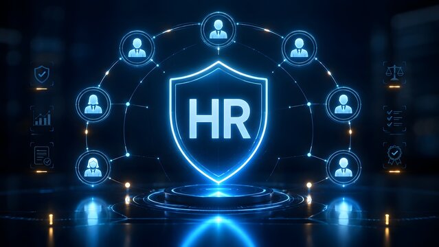 Glowing blue HR shield emblem on pedestal surrounded by employee network and compliance icons, human resources security concept