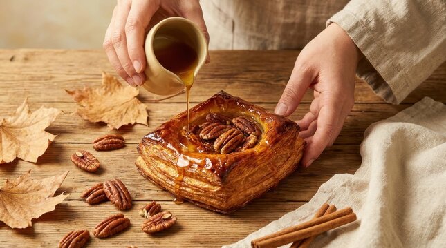 Woman pouring maple syrup over a freshly baked pecan pie pastry on wood