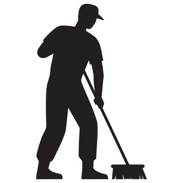 Black silhouette of a worker wearing a cap and standing while using a push broom for cleaning, isolated on a white background