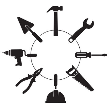 Circular arrangement of black silhouette construction tools and a hard hat, featuring a drill, wrench, and saw on a white background