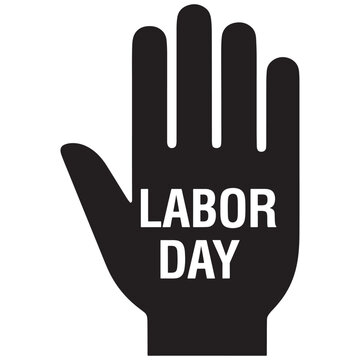 A bold black silhouette of an open human hand with the words labor day written in white capital letters on a white background, for holiday themes