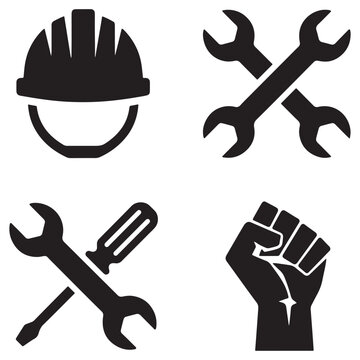A collection of four black featuring a construction helmet, crossed wrenches, a wrench with a screwdriver, and a raised fist on white background