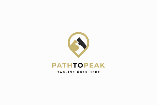 Path To Peak Logo Design Featuring Mountain Pin, Trail Path, Navigation Marker and Outdoor Adventure Branding