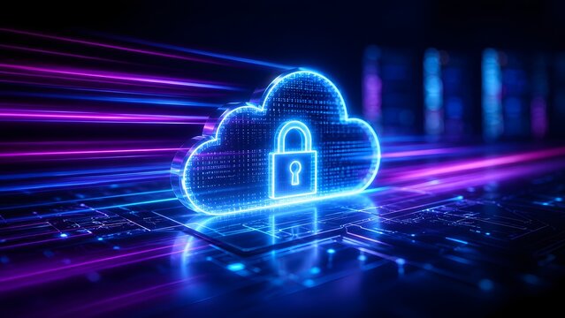 Futuristic cloud computing security concept with glowing blue padlock icon and fast data transfer light trails on a digital circuit board