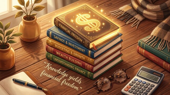 Stack of financial freedom books with dollar sign on top, symbolizing knowledge for wealth, next to glasses, calculator and plants