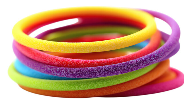 Colorful Elastic Bands and Rainbow Bracelets Isolated on White Background, Vibrant Circular Plastic Rings in Yellow, Green, Orange and Red Colors for Decoration and Design
