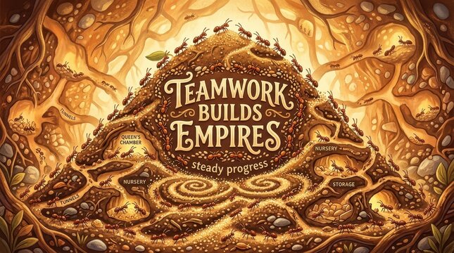 Teamwork Builds Empires: A detailed illustration of an ant colony working together in unity and steady progress through their underground tunnel syste