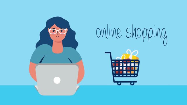 Woman with laptop engaging in online shopping dynamic video, shopping cart filled with gift boxes appears and disappears.