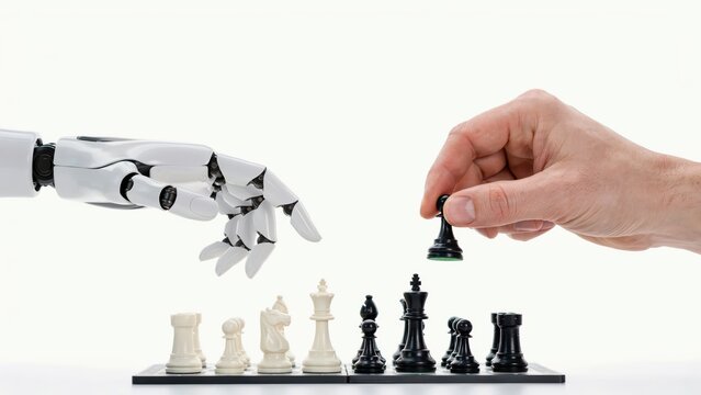 A robotic hand and a human hand playing chess against each other isolated on white background. Artificial intelligence versus human intellect concept.