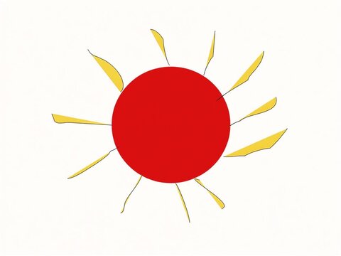 Minimalist sun animation, red circular sun with yellow rays on a white background, hand-drawn solar symbol, simple weather icon