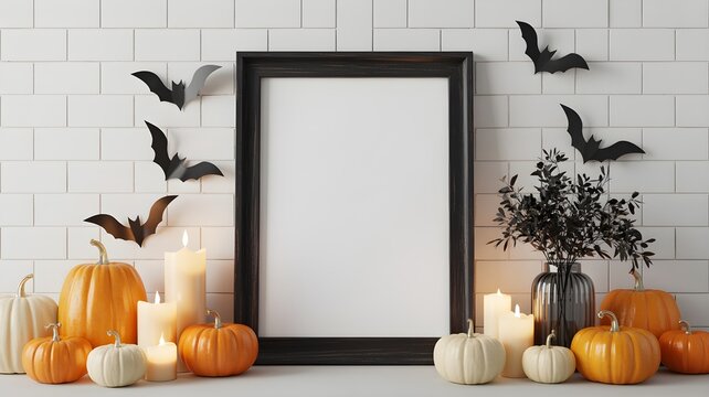 Halloween themed blank picture frame mockup with pumpkins and bats