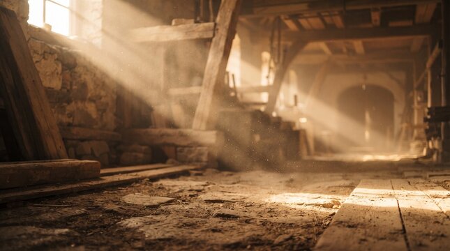 Sunlight beams streaming through dusty windows in an old rustic wooden barn interior