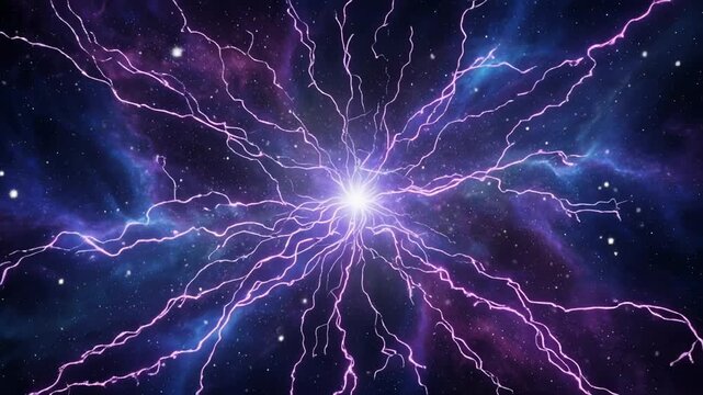 Cosmic energy explosion with purple lightning bolts and stars in deep space abstract concept cinematic