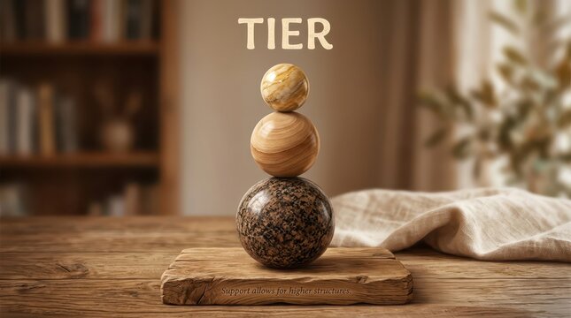 Stack of three balancing stones on a wooden board, symbolizing harmony, stability, and mindfulness in a tranquil setting.