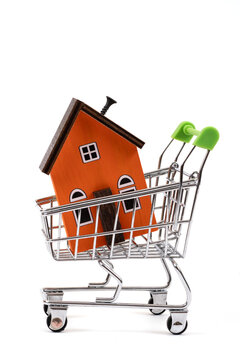 A symbolic wooden house in a miniature shopping cart against a white background.