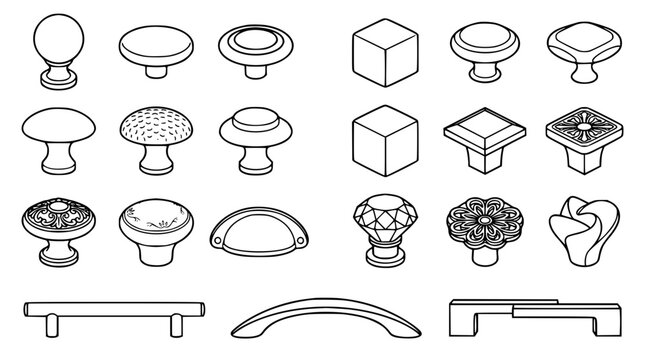 Furniture Hardware Line Icon Set Featuring Assorted Drawer Knobs Cabinet Pulls Geometric Cup Handles and Modern Decorative Interior Fixtures