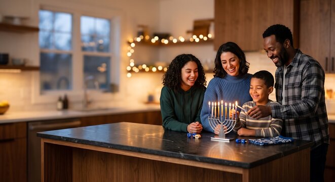 Happy family lighting menorah at home kitchen. Parents and kids celebrating Hanukkah with dreidel. Jewish holiday tradition, festival of lights, family togetherness concept.