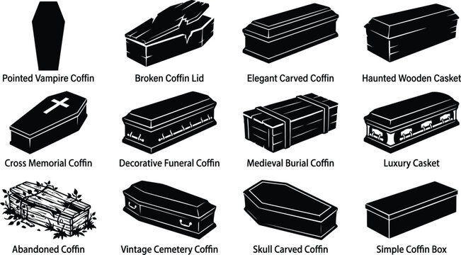 Set of various wooden funeral coffins and caskets for halloween horror themes and burial service design elements