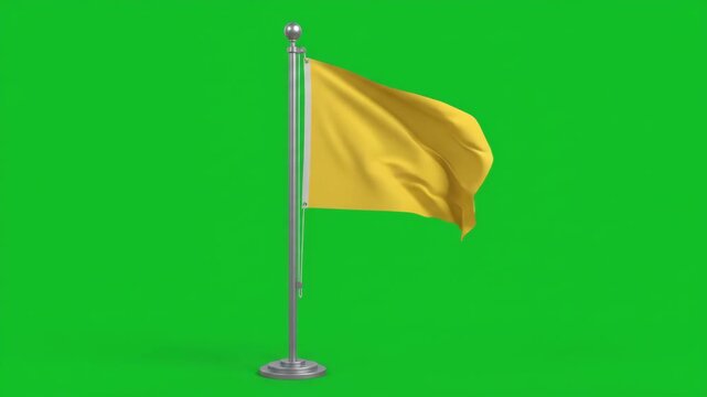 Yellow flag waving on a flagpole against a vibrant green screen background, signifying caution or a warning.