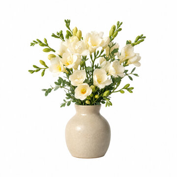 A bouquet of white freesia flowers arranged in a simple ceramic vase, isolated on a white background, suitable for floral, home decor, or greeting card themes.