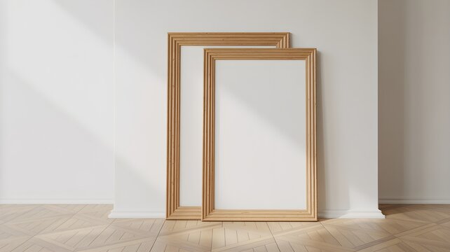 Two vertical wooden picture frames leaning against a white wall