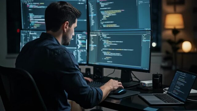 Focused developer coding at night inspired by firefly light with glowing lines of code and digital creativity
