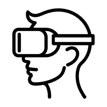 Simple black and white vector icon of a human head wearing a virtual reality headset for gaming