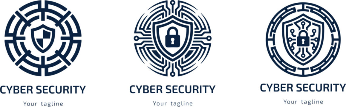 Collection of professional cyber security logo designs featuring shield, lock, protection, and digital circuit symbols in a clean geometric monochrome vector style.