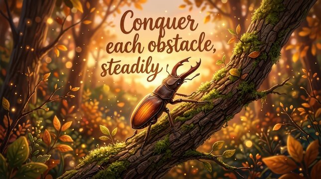 Stag beetle climbing a mossy tree trunk in a vibrant, magical forest with golden autumn leaves and light bokeh effect