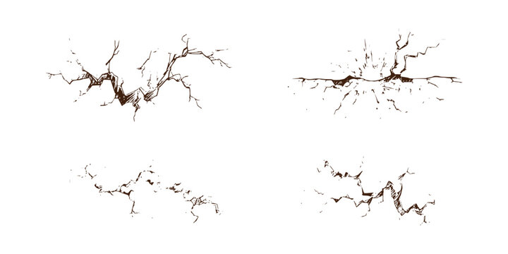 Hand drawn ground crack set showing earthquake destruction and broken land surface vector illustration.