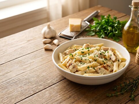 A plate of delicious penne pasta with creamy chicken and fresh herbs on a rustic wooden table. chicken alfredo penne