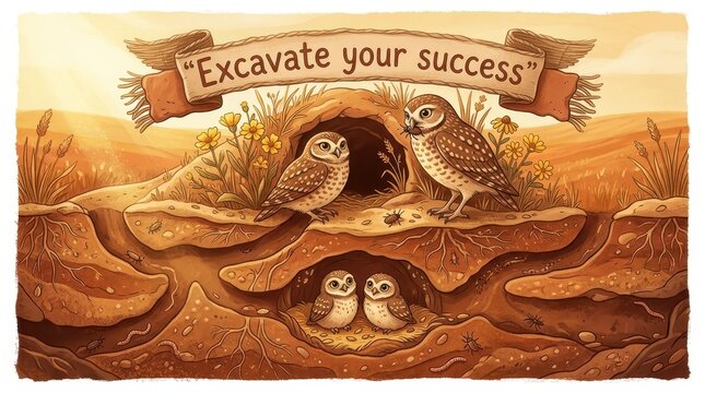 Owls excavating their burrows, symbolizing hard work and perseverance for success, with a banner saying 'Excavate your success'
