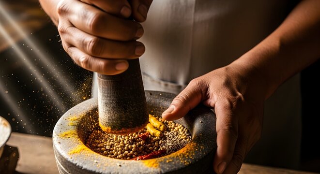 Hands grind vibrant spices in a stone mortar. Freshly crushed ingredients create a fragrant aroma.