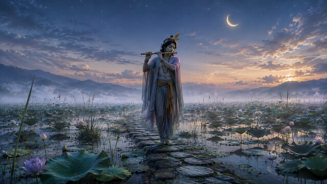 Lord krishna walking on a stone path across a misty lotus pond holding flute during a peaceful twilight evening with crescent moon