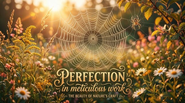 Morning Dew on a Spiderweb in a Vibrant Meadow with a Spider, Evoking Nature's Meticulous Craftsmanship and Beauty
