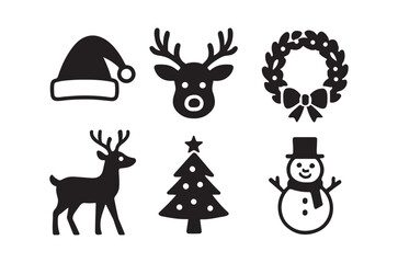 Naklejka premium christmas silhouettes santa hat reindeer wreath snowman and tree