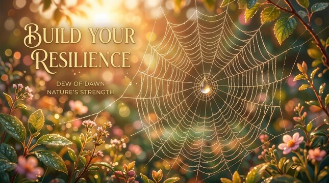 Morning spider web with dew drops glistening in the sun, symbolizing resilience and nature's strength