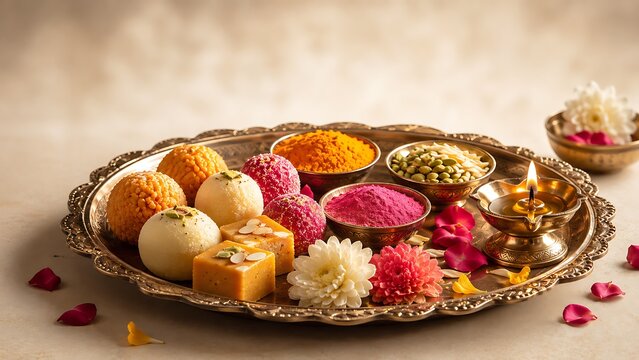 Traditional Indian sweets laddoo burfi gulal powder and oil lamp on brass platter arranged for festival celebration and puja ritual worship