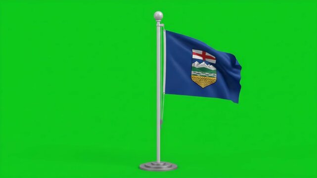 Alberta flag waving on a flagpole against a vibrant green screen background.
