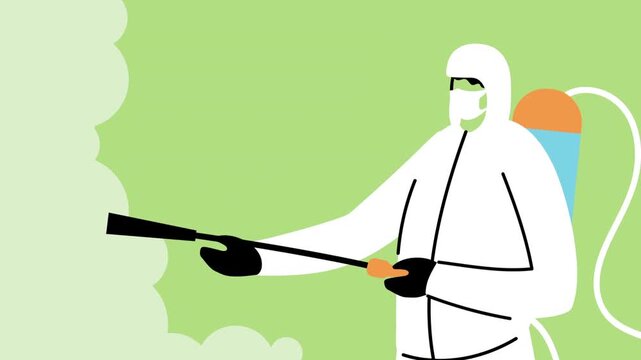 Person in protective suit spraying disinfectant and sanitizing environment to prevent virus spread.