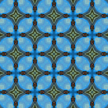 Seamless pattern of abstract blue shapes with orange accents