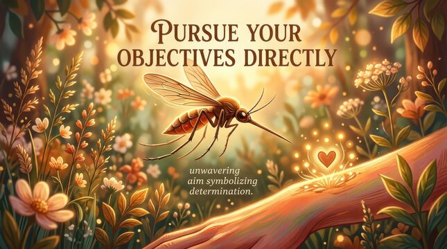 Mosquito Aiming Directly at Heart Symbol in a Dreamy Floral Meadow with Inspirational Text