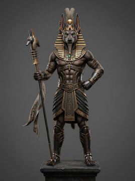 Museum-style sculpture of the standing Egyptian god Anubis, holding a was-scepter and ankh.